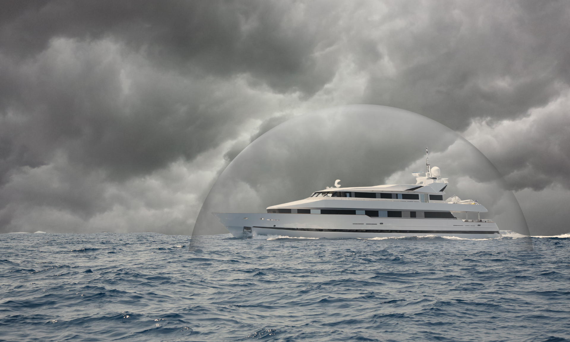 Transparent dome protecting a superyacht