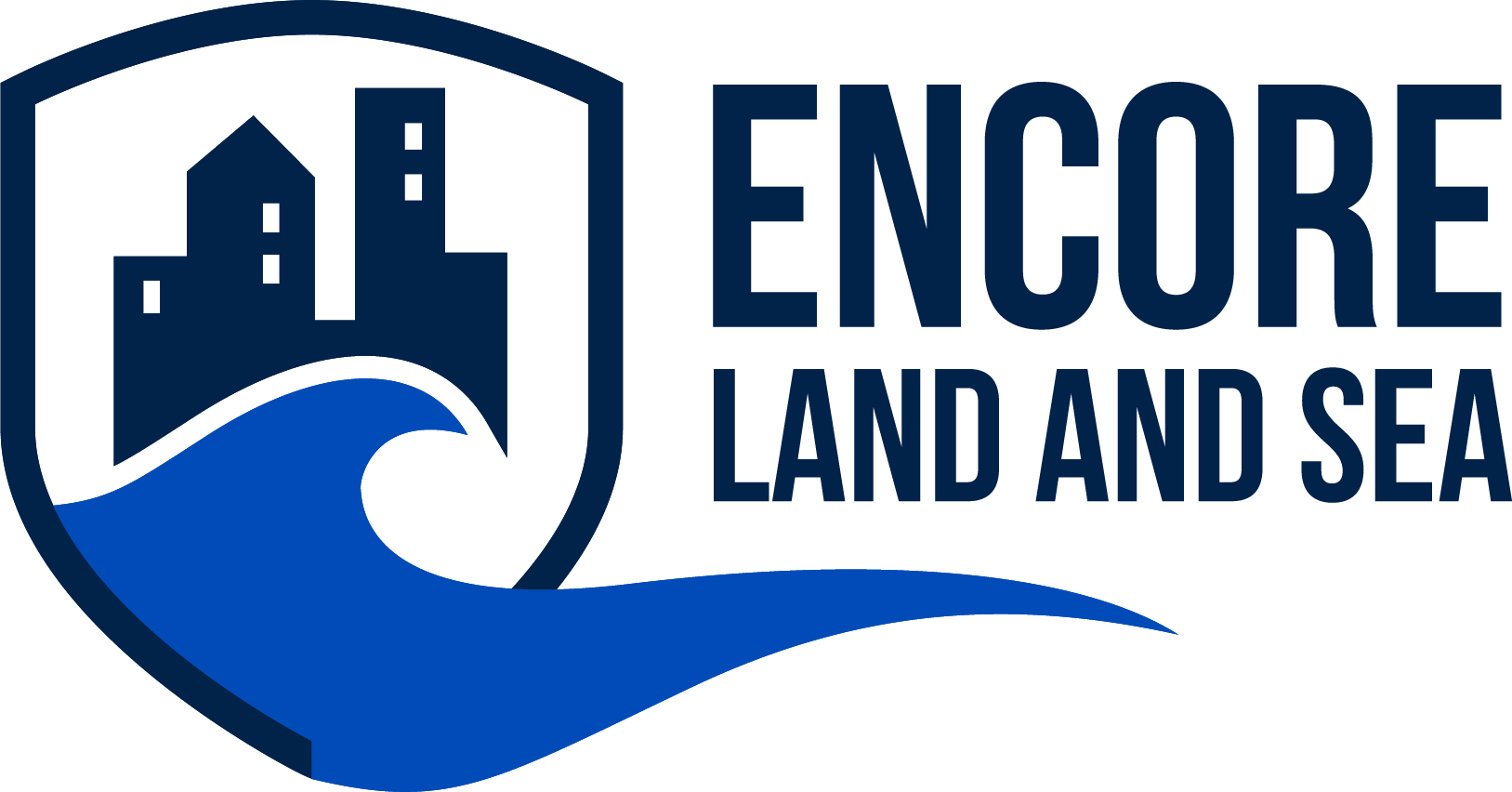Logo for Encore Land and Sea: Blue shield with cityscape and wave. Text