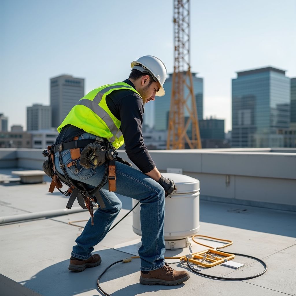 Electrician working on a tall building roof