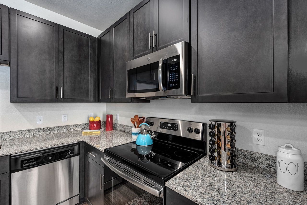 Kitchen in an apartment with dark cabinets, granite countertops, and stainless steel microwave, stove, and dishwasher.