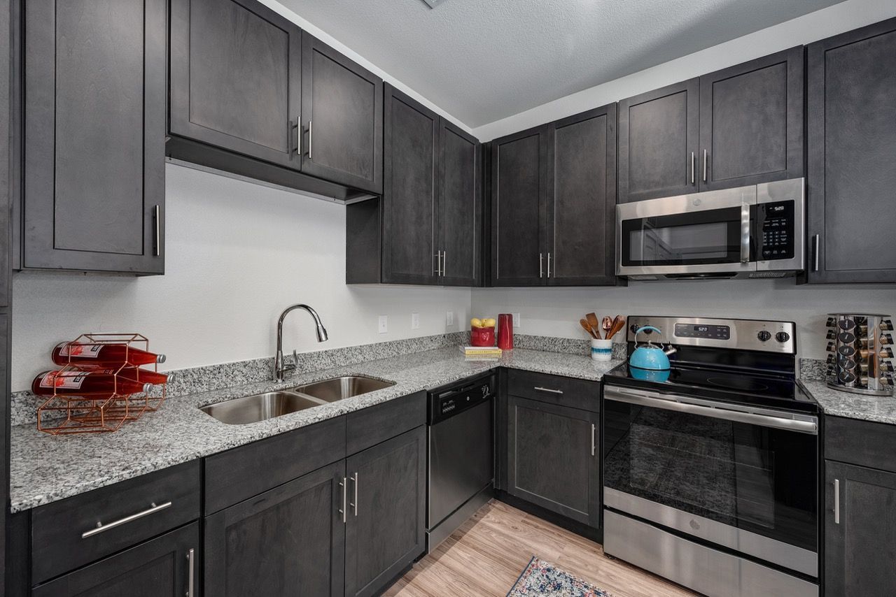 Modern dark kitchen with granite countertops, stainless steel appliances, and a double sink.