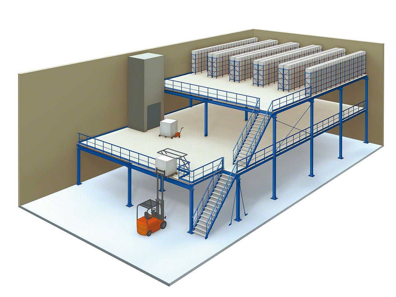 A 3d model of a warehouse with a forklift and stairs
