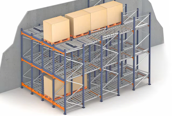 A 3d model of a warehouse with boxes on shelves