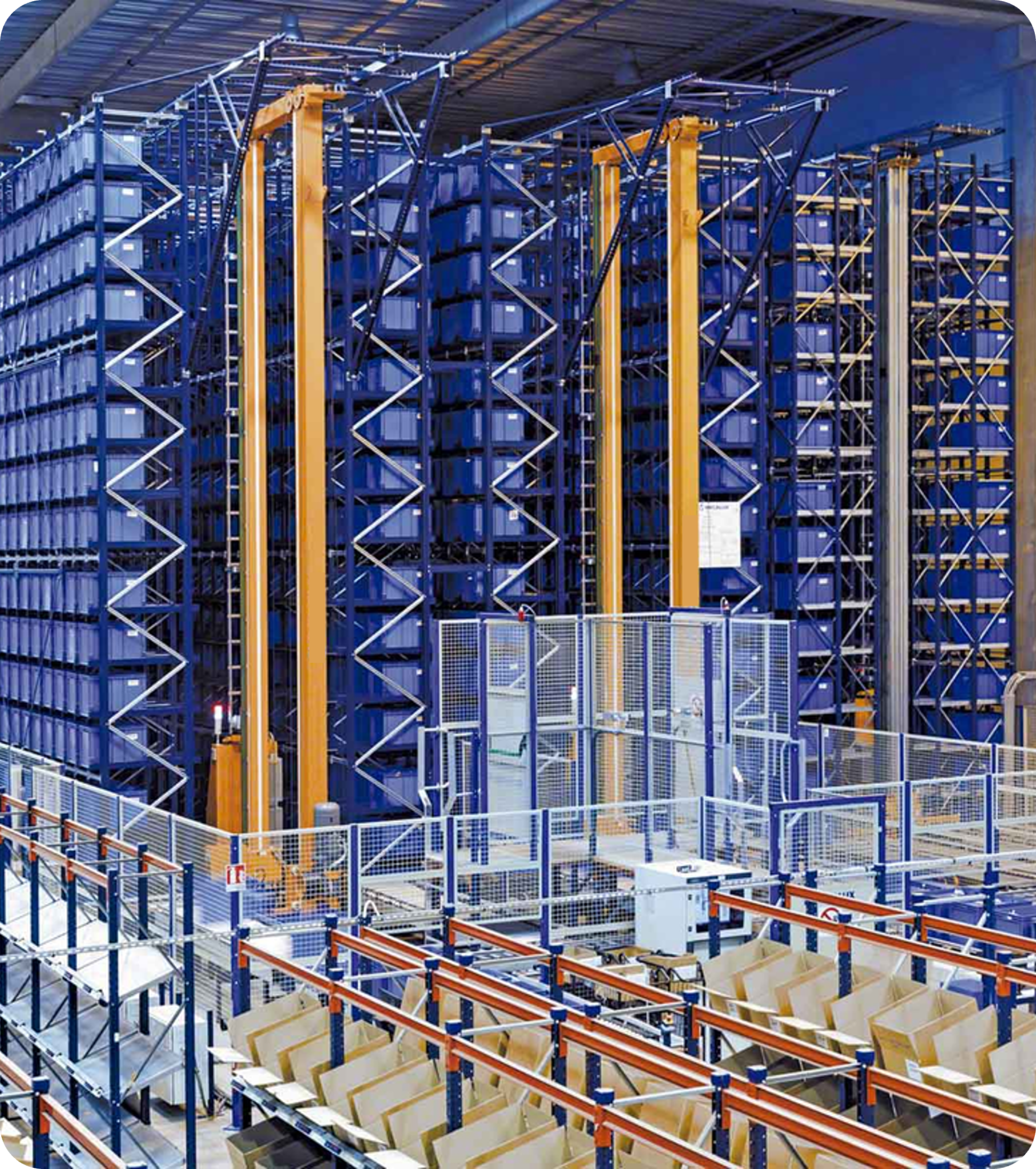 A large warehouse with lots of shelves and a conveyor belt