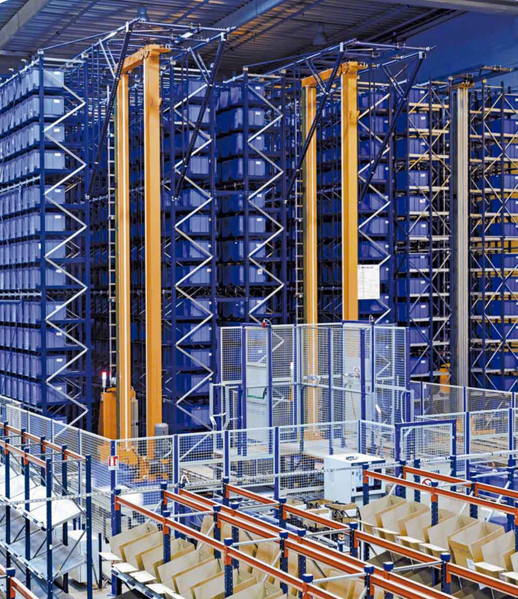 A large warehouse filled with lots of blue shelves
