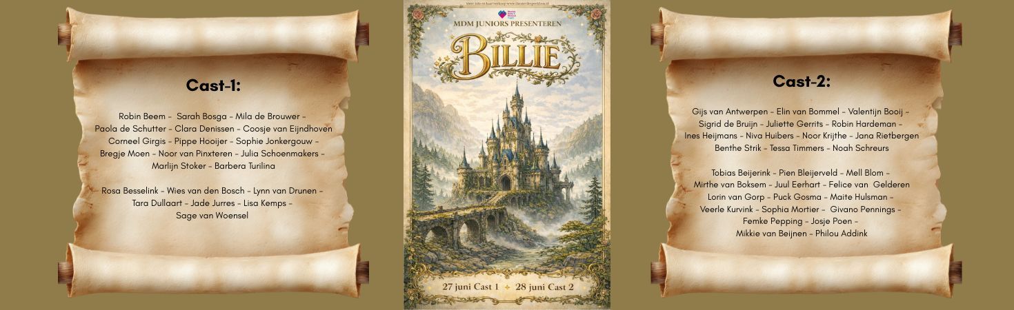 Twee rollen aan weerszijden van een centrale afbeelding van een kasteel, met de tekst 