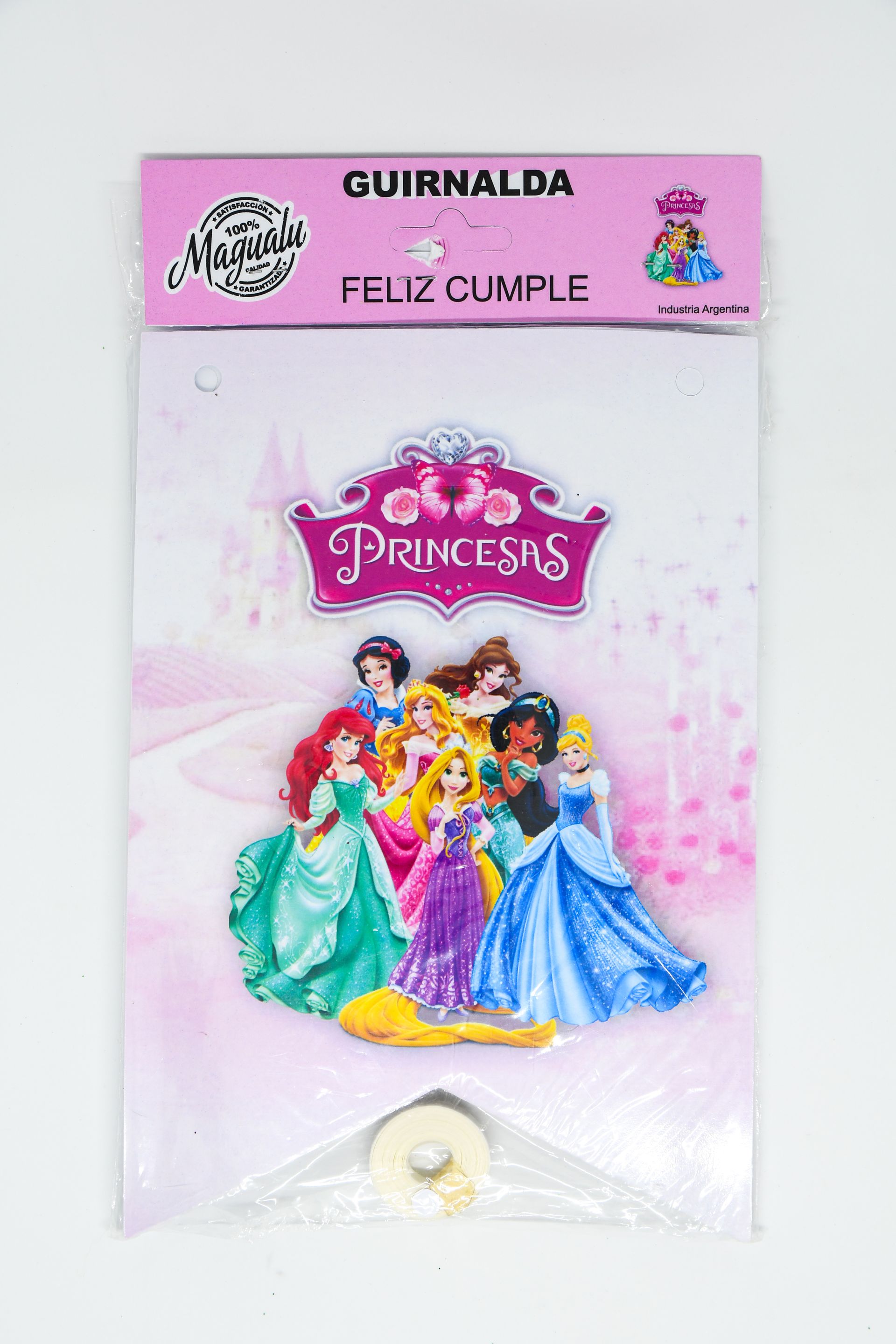 Bolsa de regalo para fiesta de cumpleaños de princesas con encabezado rosa y princesas de Disney en la parte delantera.