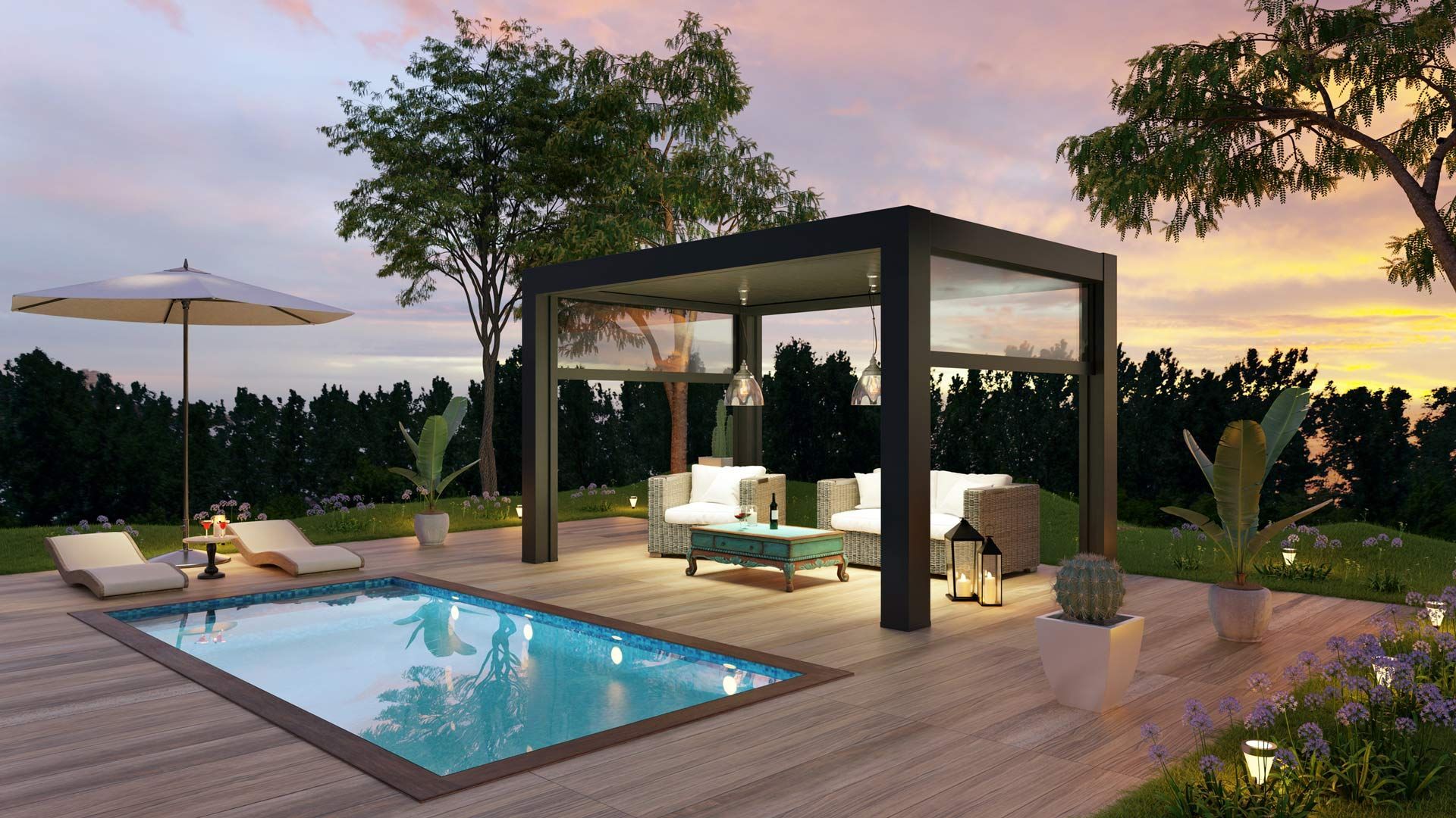 There is a swimming pool in the backyard with a pergola.
