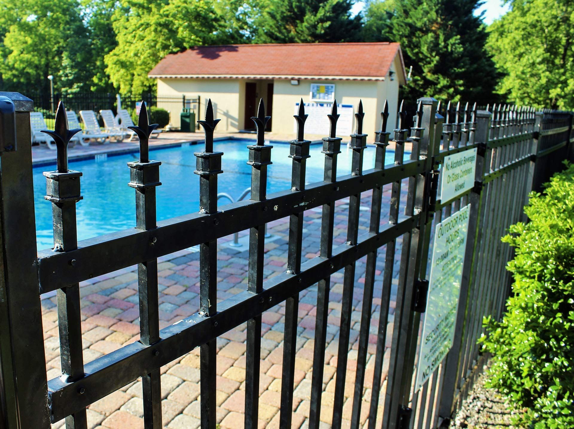 A black wrought iron fence surrounds a swimming pool