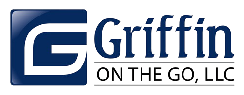 A blue and white logo for griffin on the go llc