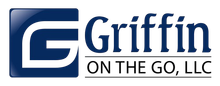 A blue and white logo for griffin on the go llc