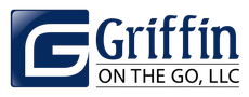 A blue and white logo for griffin on the go llc