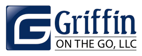 A blue and white logo for griffin on the go llc