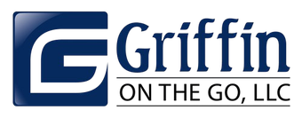A blue and white logo for griffin on the go llc