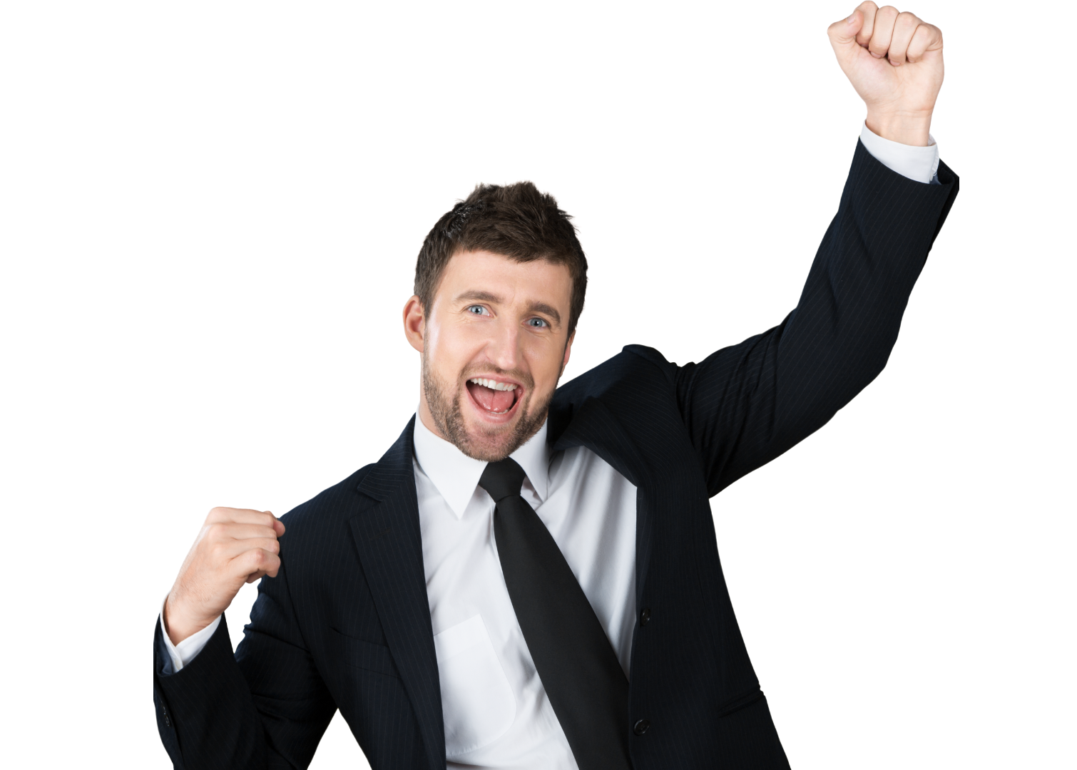 A man in a suit and tie is raising his fist in the air