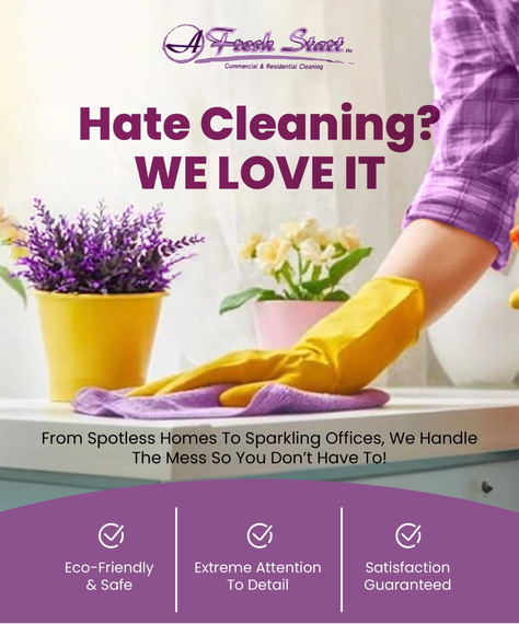 Cleaning service ad with purple accents: “Hate Cleaning? We Love It,” showing gloved hands wiping a countertop.