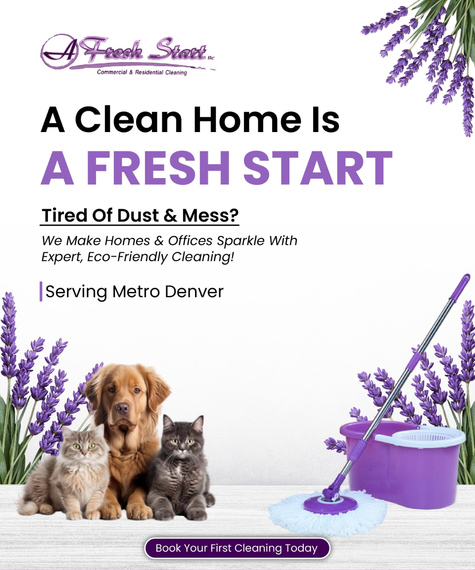Purple pet-cleaning ad with dog, cat, mop bucket, and text “A Clean Home Is A Fresh Start”