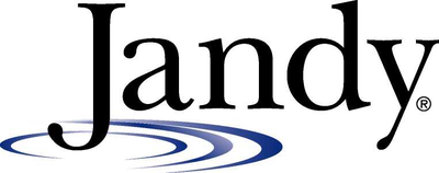 A black and blue logo for jandy with a blue swirl.