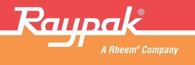A logo for raypak a rheem company on a red and orange background