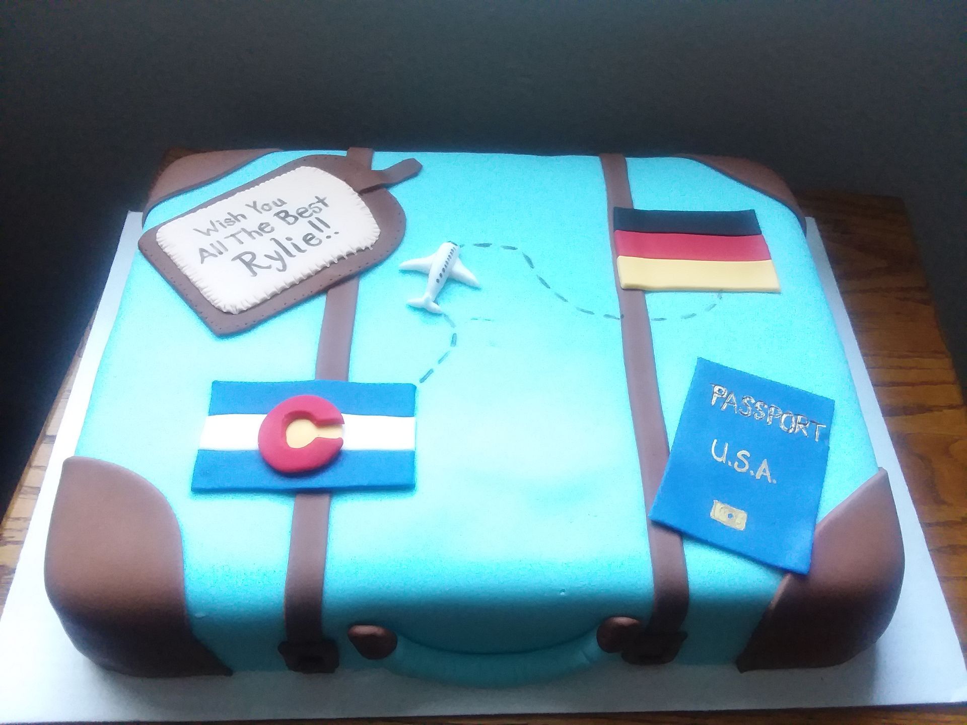 A cake in the shape of a suitcase with a passport on it
