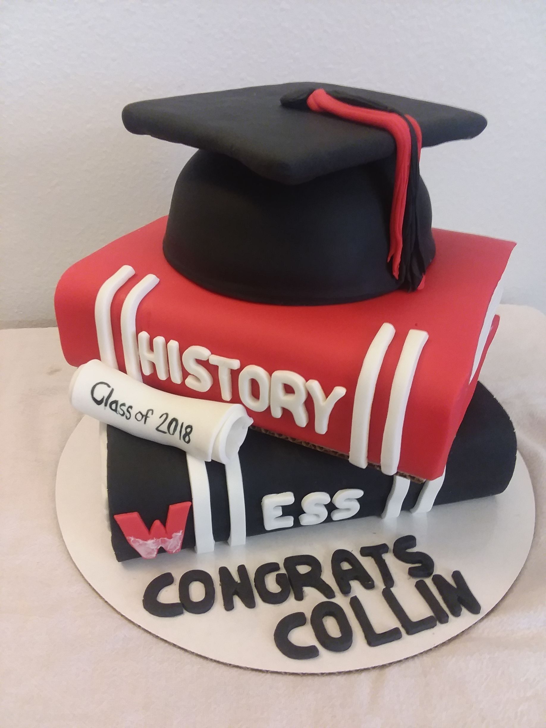 A cake with a graduation cap on top of a stack of books