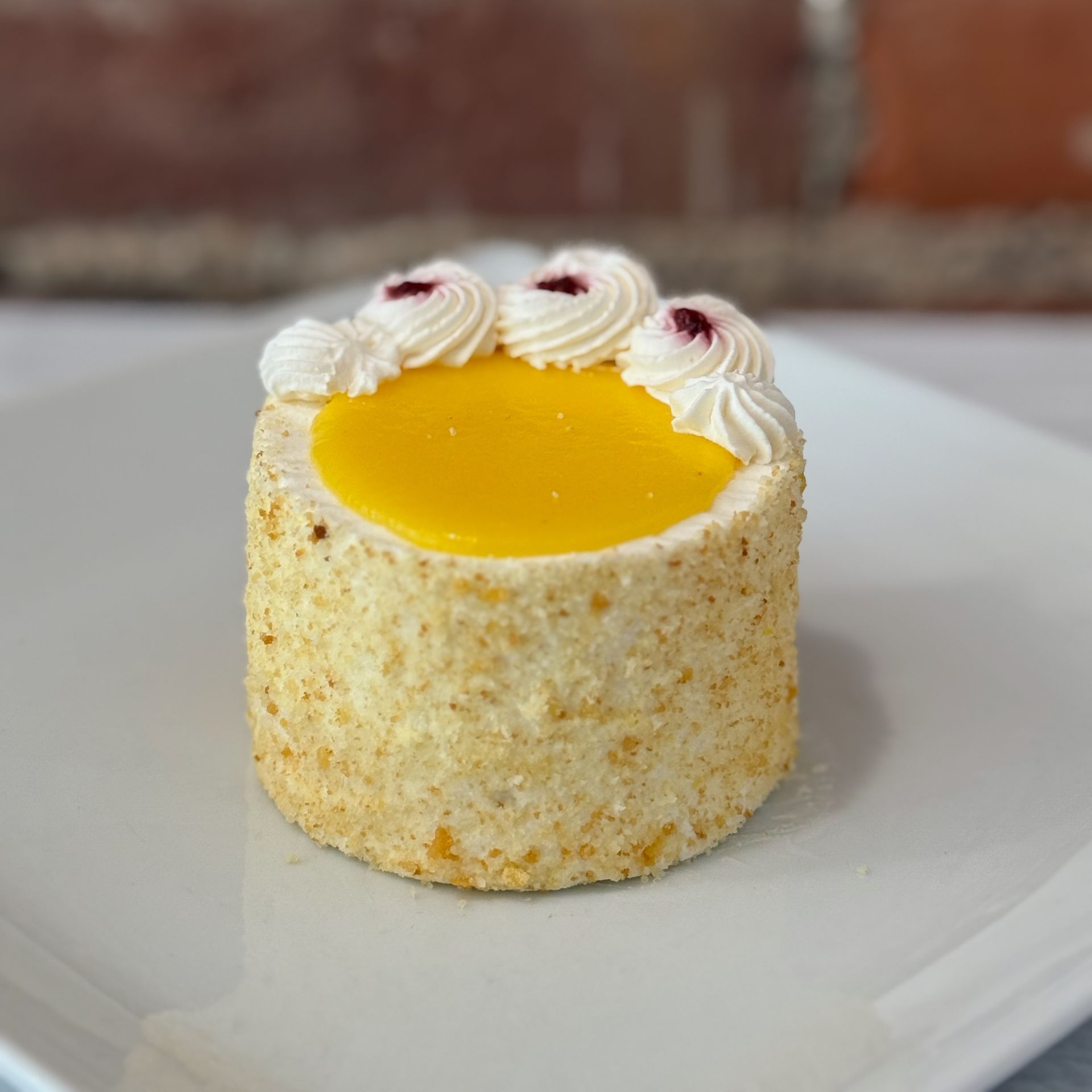A small cake with a yellow filling and whipped cream on a white plate.