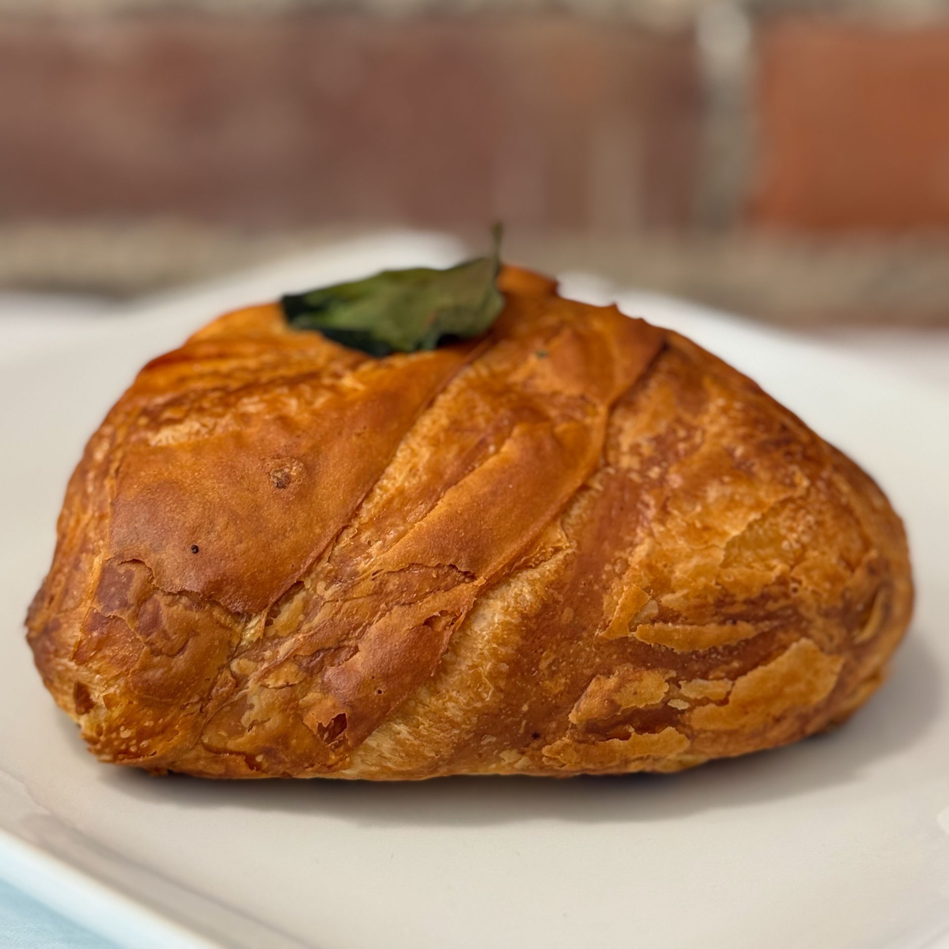 A close up of a croissant on a white plate