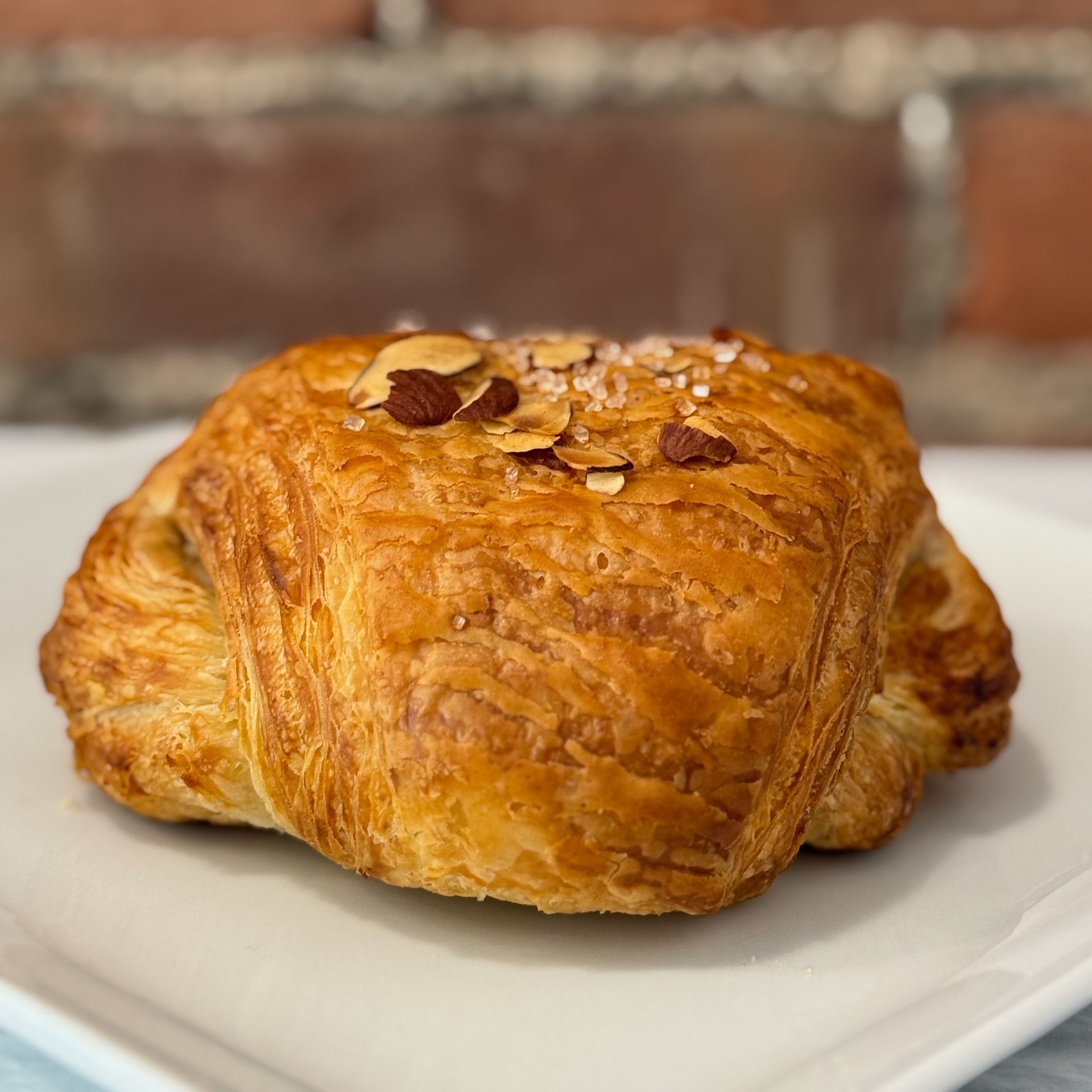A close up of a croissant on a white plate