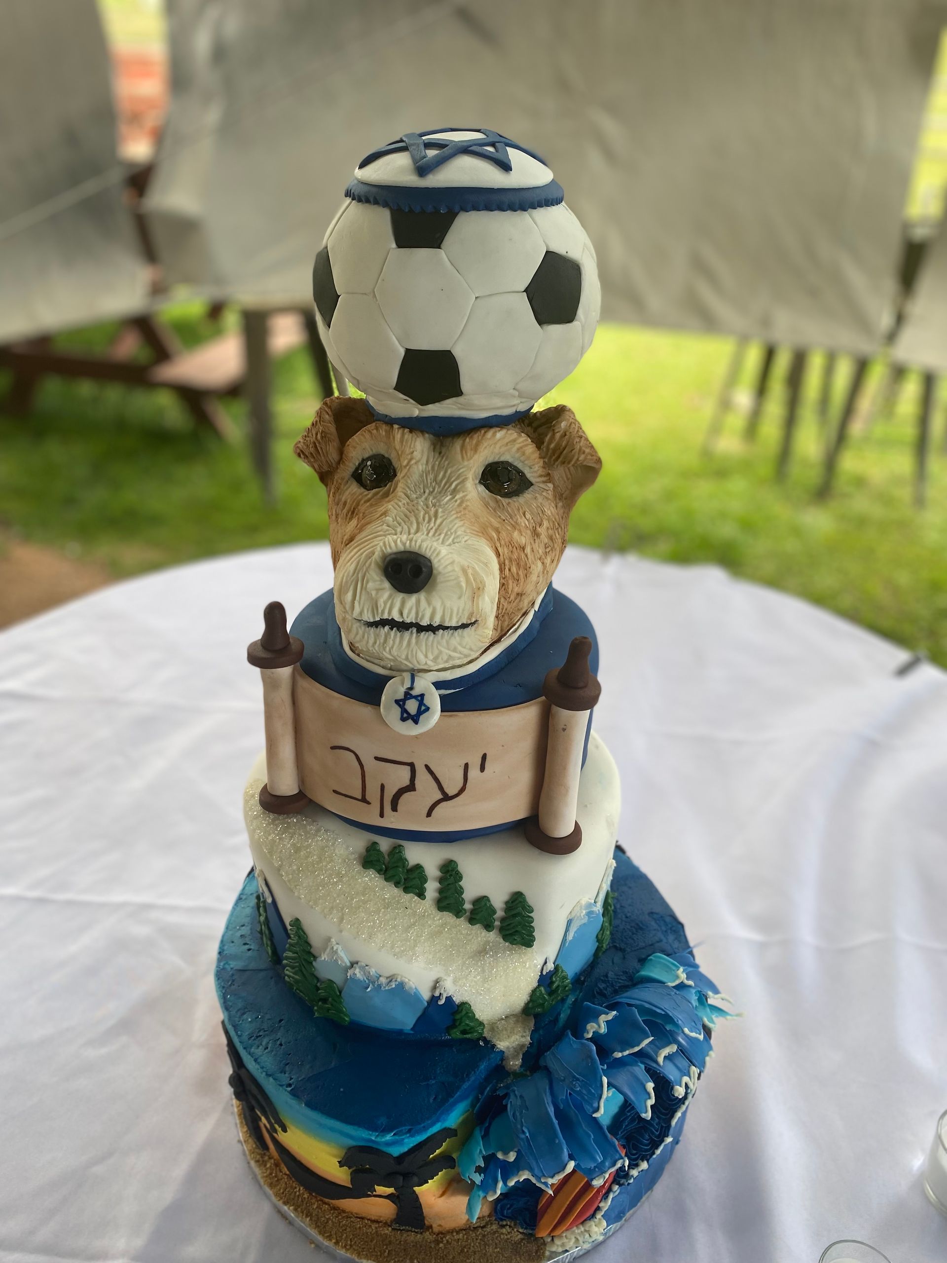 A cake with a dog and a soccer ball on top of it