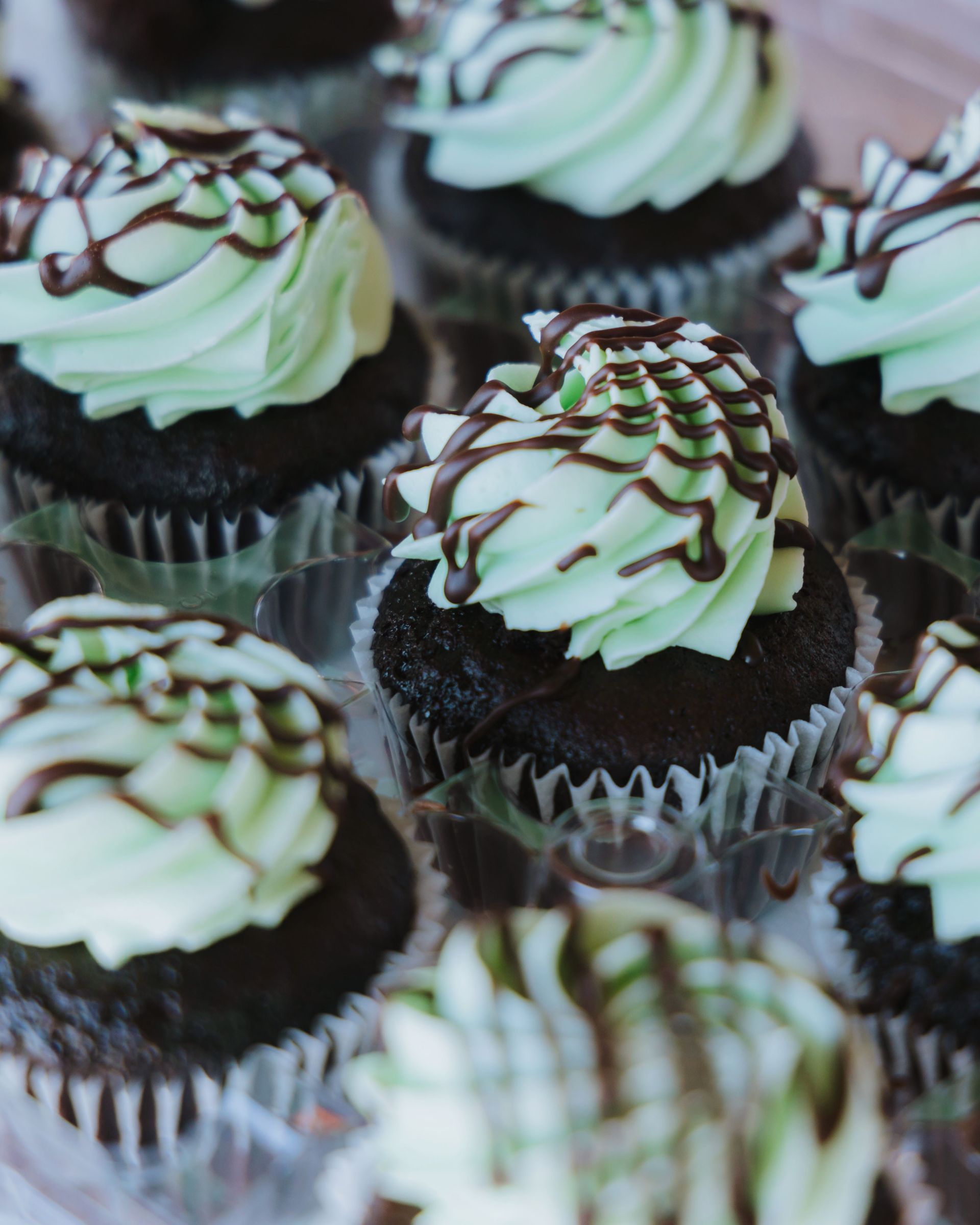 A tray of cupcakes with black frosting on them