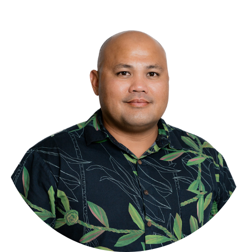 A bald man is wearing a black shirt with green leaves on it.