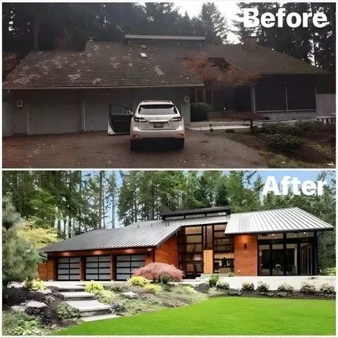 A before and after photo of a house