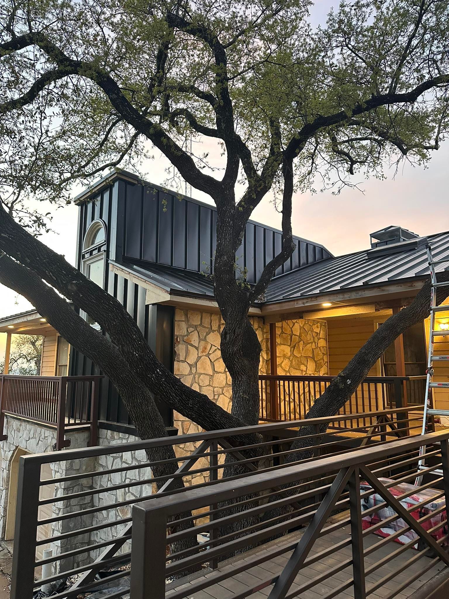 Tree growing through a house with stone walls, metal roof, and wooden deck.