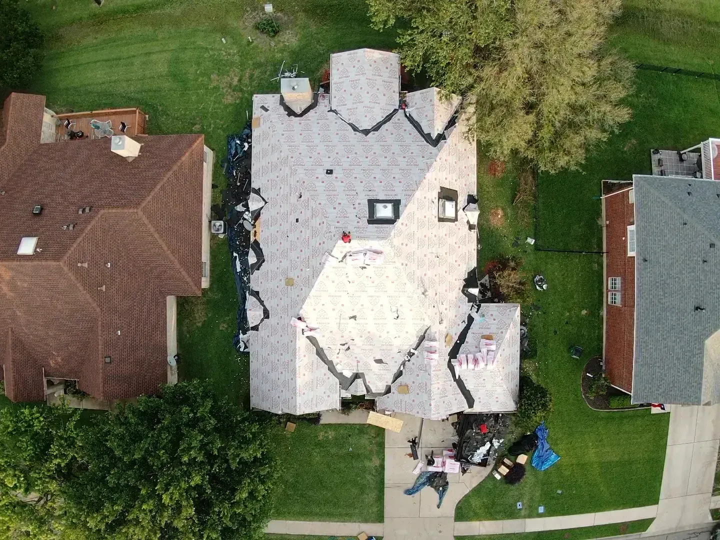 An aerial view of a house that is being remodeled