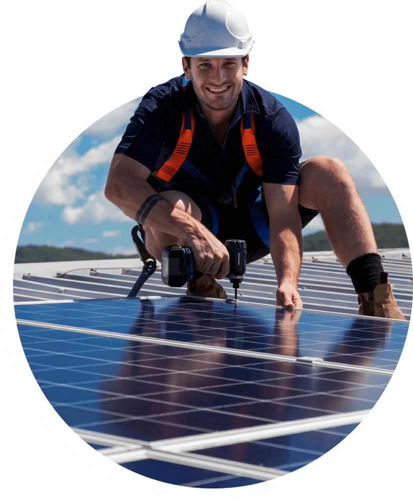 smiling worker installing solar panels