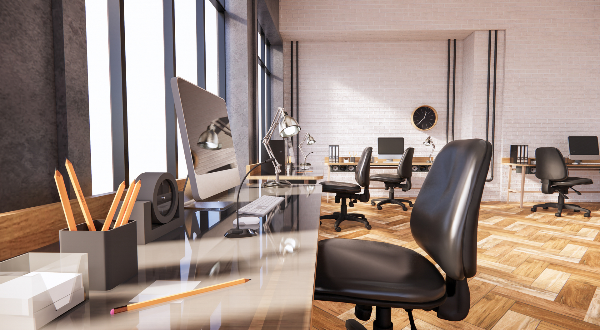 A modern office with a desk , chairs , cabinets and a laptop.