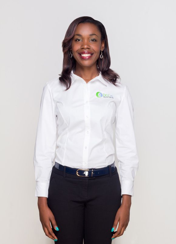 A woman is wearing a white shirt and black pants