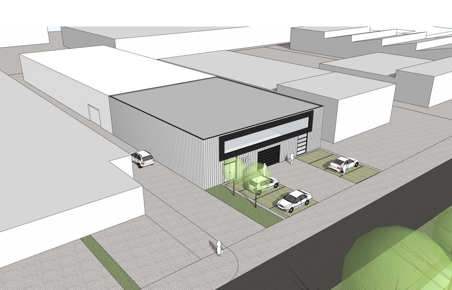 Een tekening van een bedrijfshal met auto's voor de deur.