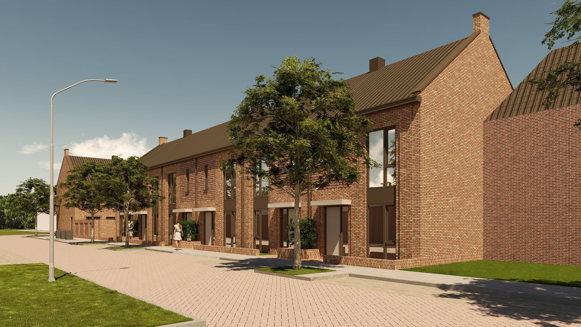 Een artist's impression van een rij bakstenen huizen naast een hek.