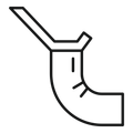 A black and white line art icon depicting a gutter and down pipe of a roof on a house.