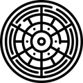 A black-and-white circular maze icon featuring concentric rings and radial spokes with small dots in the inner sections resembling a sewer entrance.