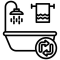 A black and white line-art icon of a shower and bathtub with a towel hanging nearby representing bathroom renovation service.