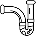 A black and white line-art icon of a plumbing P-trap with liquid and bubbles inside the U-bend, representing blocked drains.