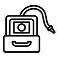 Line icon of a CCTV camera used for drain inspections to identified blokages.