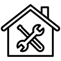 A black line-art icon of a house containing two crossed wrenches, representing plumbing services for house renovations.