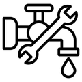 A black line-art icon of a faucet with a wrench across it and a water drop underneath, representing plumbing maintenance.