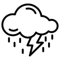 A black line icon of a cloud with rain falling and a lightning bolt underneath representing storm water service.