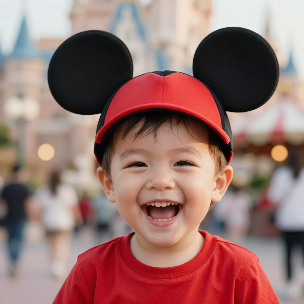 Niño sonriente con gorro y camiseta rojos de Mickey Mouse frente a un parque temático.