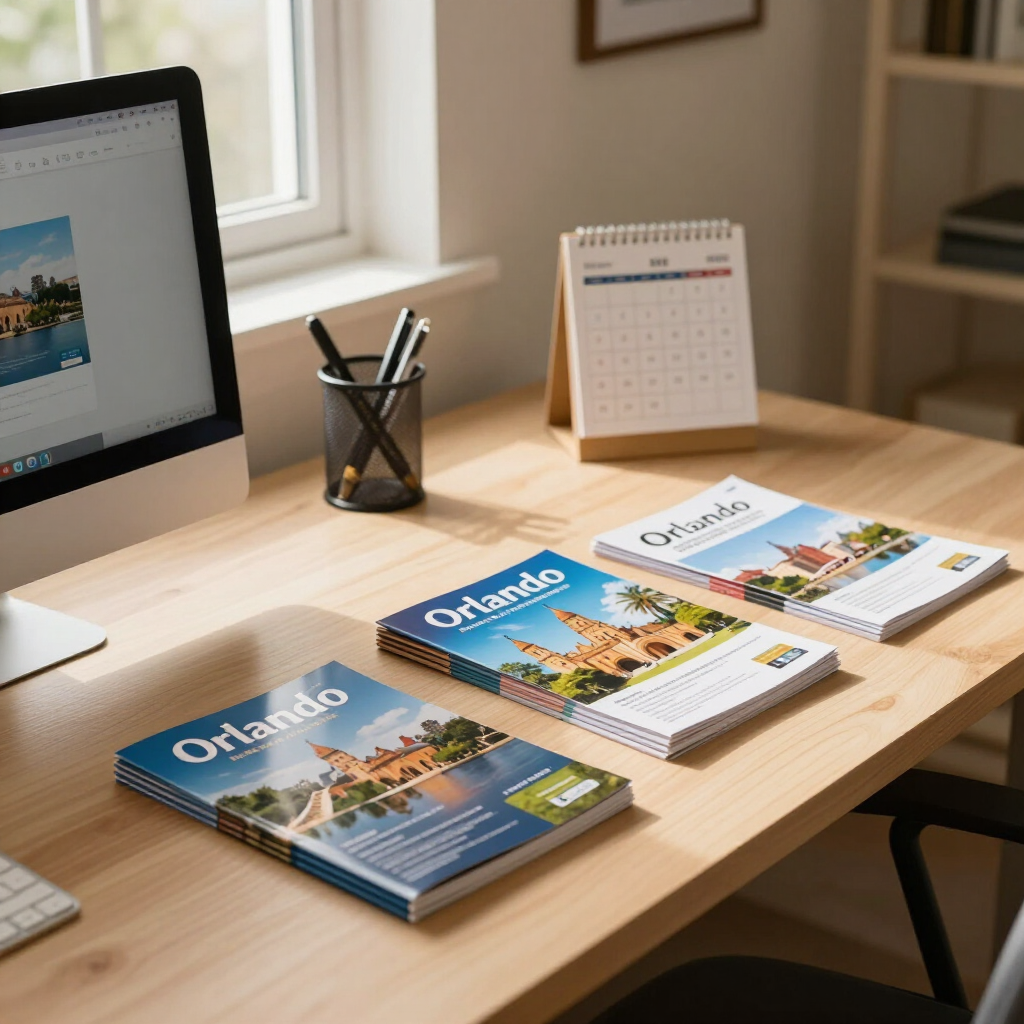 Desk with Orlando travel brochures, a laptop, and a desk calendar by a window.