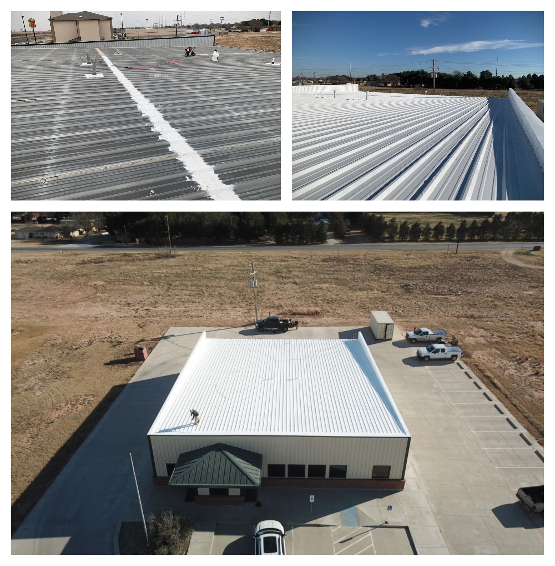 A collage of three pictures of a building with a white roof